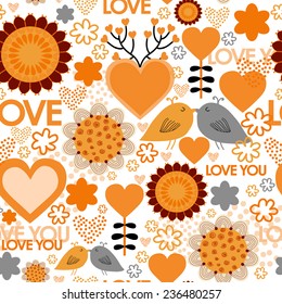 Valentine's day Seamless pattern with hearts, birds and flowers.Seamless pattern can be used for wallpaper, pattern fills, web page background,surface textures. Floral seamless backgrounds.