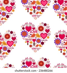Valentine's day Seamless pattern with hearts, birds and flowers.Seamless pattern can be used for wallpaper, pattern fills, web page background,surface textures. Floral seamless backgrounds.