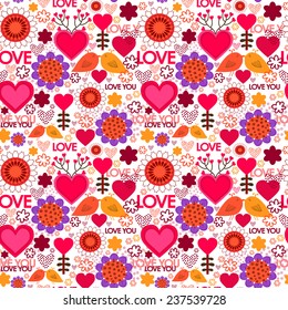 Valentine's day Seamless pattern with hearts, birds and flowers.Seamless pattern can be used for wallpaper, pattern fills, web page background,surface textures. 