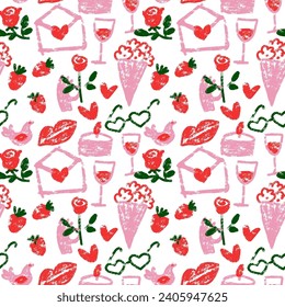 Valentine's day seamless pattern. Hearts, gifts, flowers, lips hand drawn crayon style elements. Template for congratulation cards, scrapbooking, and invitations. Rough textured vector illustration,