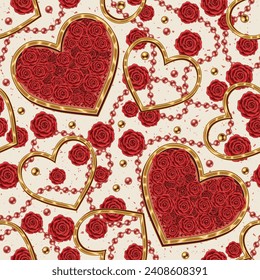Valentines day seamless pattern with hearts, rose flowers, confetti, bead strings. For wedding, engagement event, Valentines Day, gift decoration. Vintage style