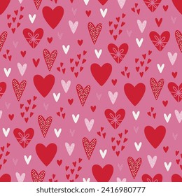 El día de San Valentín es un patrón sin fisuras con corazones de fondo rosado. Perfecto para papel pintado, papel de regalo, tarjetas de felicitación. Ilustración del vector