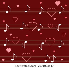 Valentine's day seamless pattern with hearts and musical notes on a red background. Vector illustration.