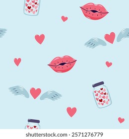 Valentine's Day Seamless pattern with hearts and Kissing lips. Cute background for textiles and packaging. Vector illustration.