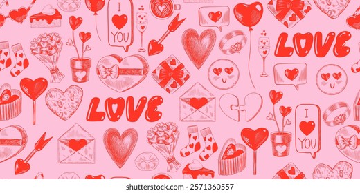 Valentines day seamless pattern with hearts, wedding elements, romantic doodles. Background with retro sketch style illustrations. Wrapping paper. Valentine's day holiday backdrop texture