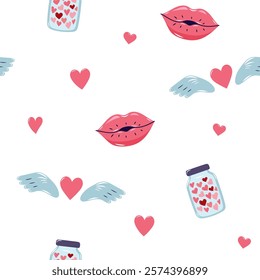 Valentine's Day Seamless pattern with hearts and Kissing lips. Cute background for textiles and packaging. On white background. Vector illustration.