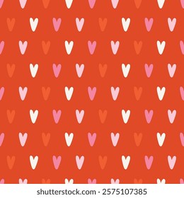 Valentine's Day seamless pattern with hearts on red background. Perfect for wallpaper, gift paper, romantic greeting cards. Vector hand drawn illustration