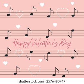 Valentine's day seamless pattern with hearts and musical notes on a red background. Vector illustration. Happy Valentine's Day
