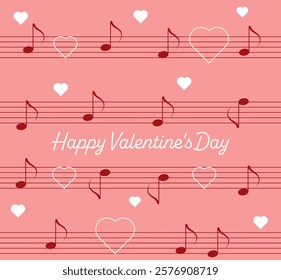 Valentine's day seamless pattern with hearts and musical notes on a red background. Vector illustration. Happy Valentine's Day