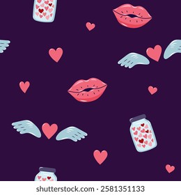 Valentine's Day Seamless pattern with hearts and Kissing lips. Cute background for textiles and packaging. On dark background. Vector illustration.