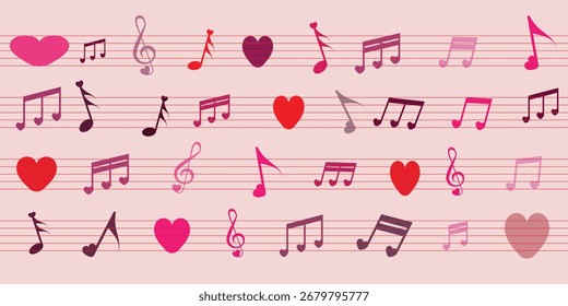 Dia dos namorados padrão sem costura com corações e notas musicais em um fundo vermelho. Ilustração vetorial. Feliz Dia dos Namorados.