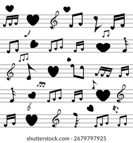 Patrón sin fisuras del día de San Valentín con corazones y notas musicales sobre fondo negro Ilustración vectorial romántica del diseño del amor.