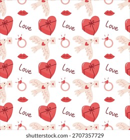 Valentines Day Seamless Pattern with Hearts and Romantic Icons