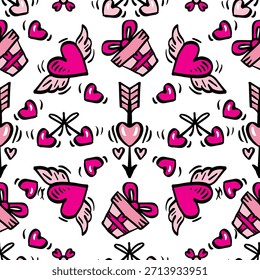 Valentine's day seamless pattern with hearts, arrows and gifts.