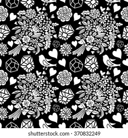 Valentines day seamless pattern with hearts, flowers, birds, crystals. Fabric design. Hand drawn ornament. Background texture, wallpaper, wrapping