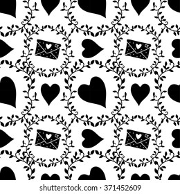 Valentines day seamless pattern with hearts, envelopes, branches, leaves. Fabric design. Hand drawn ornament. Background texture, wallpaper, wrapping
