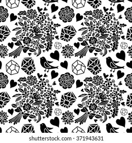 Valentines day seamless pattern with hearts, flowers, birds, crystals. Fabric design. Hand drawn ornament. Background texture, wallpaper, wrapping