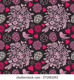 Valentines day seamless pattern with hearts, flowers, birds, crystals. Fabric design. Hand drawn ornament. Background texture, wallpaper, wrapping
