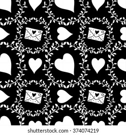 Valentines day seamless pattern with hearts, envelopes, branches, leaves. Fabric design. Hand drawn ornament. Background texture, wallpaper, wrapping