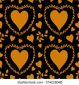 Valentines day seamless pattern with hearts, leaves. Fabric design. Hand drawn ornament. Background texture, wallpaper, wrapping