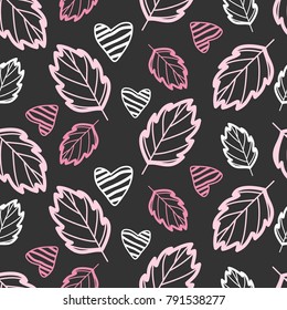 Valentines day seamless pattern with hearts, sprigs and flowers. Vector illustration.