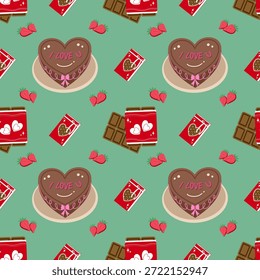 Dia dos Namorados padrão sem costura com bolo de chocolate em forma de coração e morangos