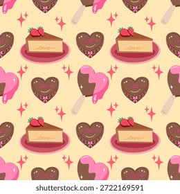 Valentine's Day seamless pattern with heart-shaped chocolate cake and ice cream popsicles.