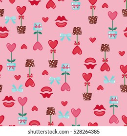 Valentines day seamless pattern with hearts,lips and bows. Love concept. Design element for Wedding or Valentines day. Vector illustration