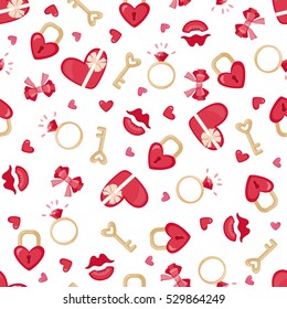 Valentines day seamless pattern with hearts,lips and bows. Love concept. Design element for Wedding or Valentines day. Vector illustration