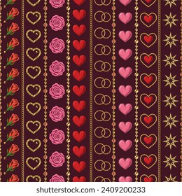 Valentines day seamless pattern with holiday objects and symbols, strings of beads. Geometric pattern with vertical stripes on dark background. Vintage illustration for prints, wrap, wrapping paper