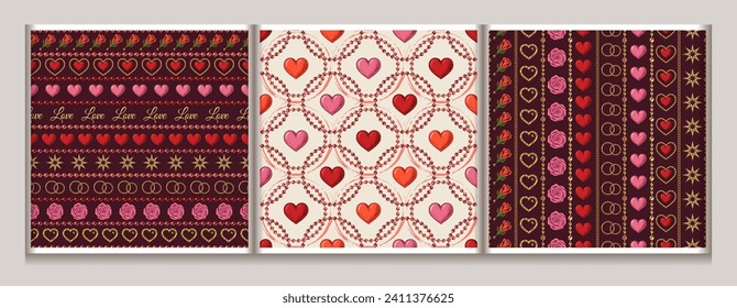 Valentines day seamless pattern with holiday objects and symbols, strings of beads. Geometric pattern with stripes, circles. Vintage illustration for prints, wrap, wrapping paper