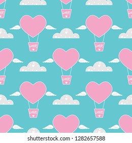 Valentine's day seamless pattern of hot air balloon in heart shape with white wings and love text with tiny heart on balloon basket and cute clouds with many tiny hearts on blue background.