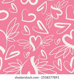 valentines day seamless pattern with icons of long black hearts with folded wings in the background line art and various hearts on a pink background