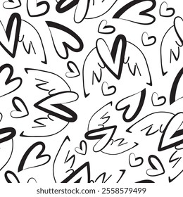 valentines day seamless pattern with icons of long black hearts with folded wings in the background line art and various hearts