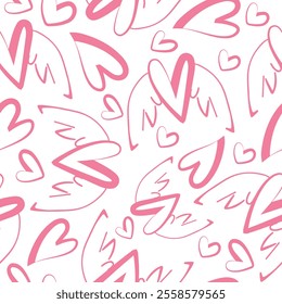 valentines day seamless pattern with icons of long pink hearts with folded wings in the background line art and various hearts