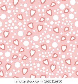 Valentine's Day seamless pattern illustration. Hand drawn romantic vector decor background with pink hearts and dots for poster, card, wrap, textile, fabric, postcard EPS 10