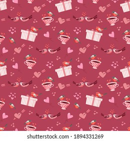 Valentine's Day. Seamless pattern with illustrations of birds in love. Design for fabric, textile, wallpaper, packaging, wrapping paper.