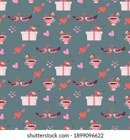 Valentine's Day. Seamless pattern with illustrations of birds in love. Design for fabric, textile, wallpaper, packaging, wrapping paper.	