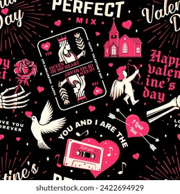Valentines day seamless pattern with inspirational quotes. Vector illustration. Background, wallpaper, seamless pattern with doves, church, playing card queen, arrow, skeleton hand, rose and heart