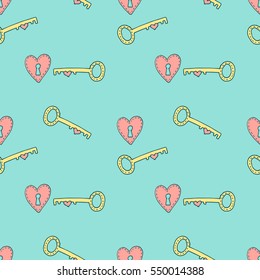 Valentines day seamless pattern with key and keyhole, heart shaped lock. Vector hand drawn illustration in minimalistic style, made with ink outlines