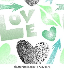 Valentine's day seamless pattern with kiss, love word and hearts on a white background. Abstract design in green and blue colors. Vector illustration.