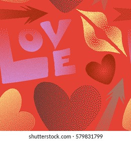 Valentine's day seamless pattern with kiss, love word and hearts in motley colors. Abstract design in brown and yellow colors. Vector illustration.
