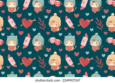 Valentines day seamless pattern kittens with hearts. Romantic background with cats in winter hats, candies, love letter. Greeting card design, wrapping paper
