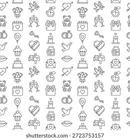 Valentine's Day seamless pattern with line icons. Love and romance vector background