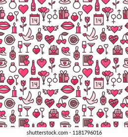 Valentines Day seamless pattern with linear icons. Romantic background. Wedding texture