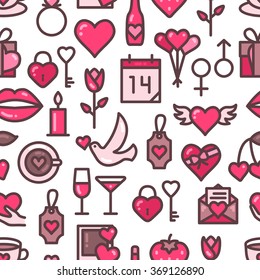 Día de San Valentín sin problemas con iconos lineales. Textura de boda romántica.
