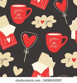 Valentine's day seamless pattern with lollipop and chocolate bar