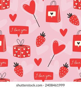 Valentine's day seamless pattern with lollipop, gift boxes and strawberries