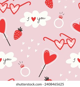 Valentine's day seamless pattern with lollipop and glasses in the shape of the heart