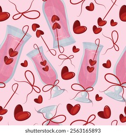 valentines day seamless pattern with long cocktails glasses, pink champagne, heart shaped berries and bows on pink background